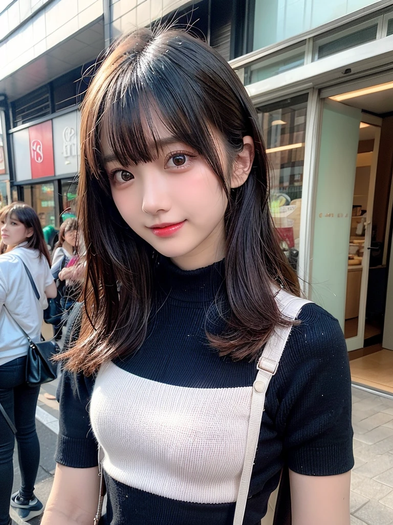 Tabletop, Highest quality, shape, Very detailed, finely, High resolution, 8k wallpaper, 完璧なダイナミックな構shape, finelyて美しい目, Wearing a pale pink knit,Medium Hair,Natural color lip, smile,Harajuku、Teenage Girl、cute、Looking into the camera、flat chest、Brown Hair、Riverside、Street Snap、Anatomically correct, Ultra high definition, Winner of numerous awards, 