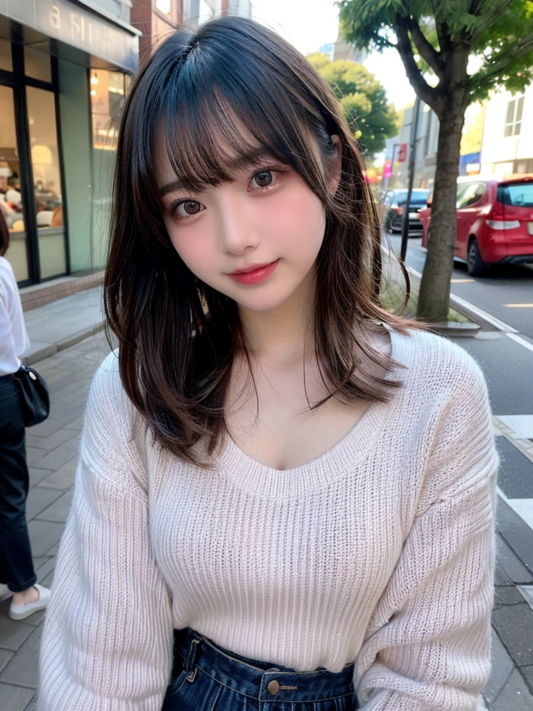 Tabletop, Highest quality, shape, Very detailed, finely, High resolution, 8k wallpaper, 完璧なダイナミックな構shape, finelyて美しい目, Wearing a pale pink knit,Medium Hair,Natural color lip, smile,Harajuku、Teenage Girl、cute、Looking into the camera、flat chest、Brown Hair、Riverside、Street Snap、Anatomically correct, Ultra high definition, Winner of numerous awards,