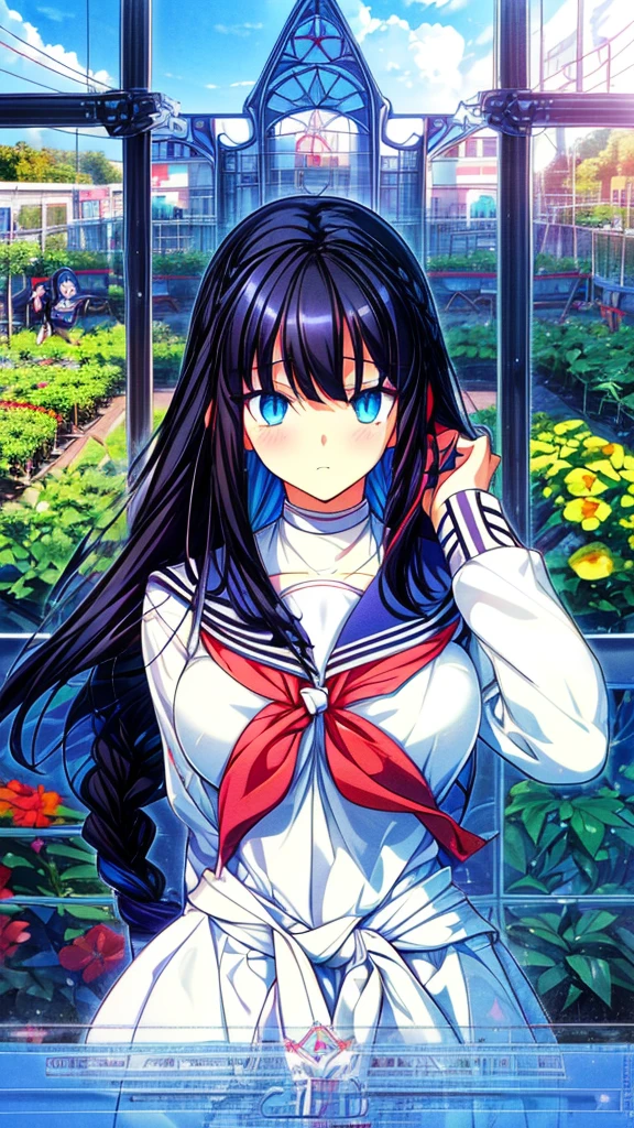 best quality, extremely detailed,anime style girl,long hair down to the waist, straight hair, ((dark black hair with bluish)),braid,beautiful detailed eyes, pinched eyes, (dark blue eyes),huge breasts,curvy,((((white main brightly colored princess school uniform)))),clothing with complex patterns,cool expression,((((school garden)))),((Diagonal angle)),dynamic angle