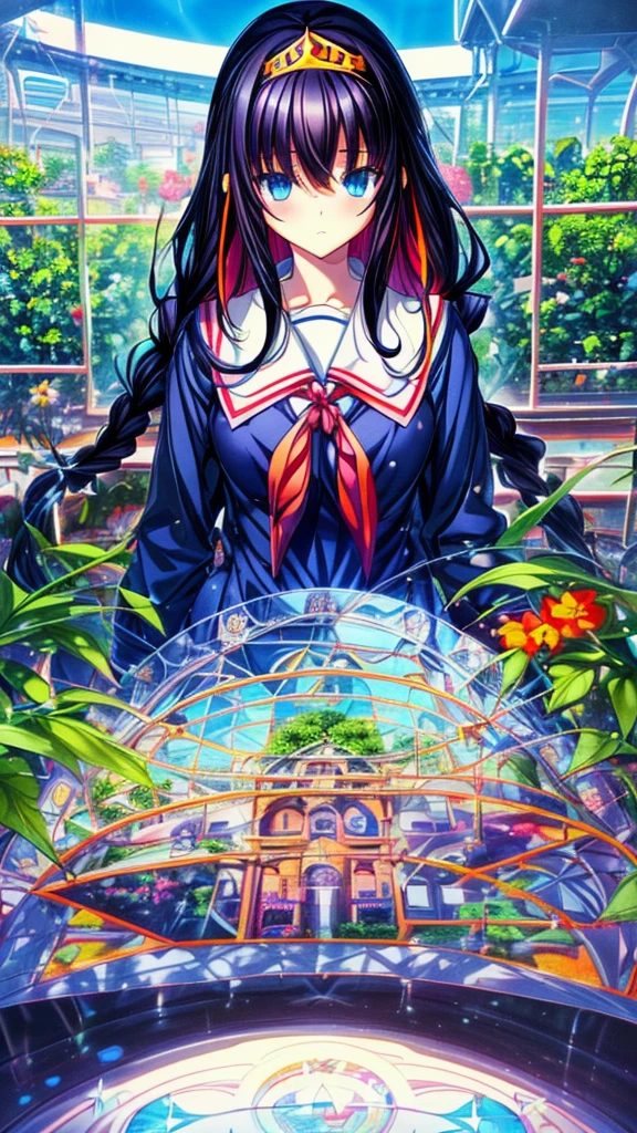 best quality, extremely detailed,anime style girl,long hair down to the waist, straight hair, ((dark black hair with bluish)),braid,beautiful detailed eyes, pinched eyes, (dark blue eyes),huge breasts,curvy,((((white main brightly colored princess school uniform)))),clothing with complex patterns,cool expression,((((school garden)))),((Diagonal angle)),dynamic angle