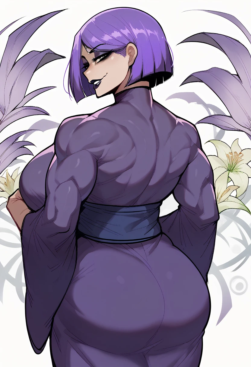 score_9, score_8_up, score_7_up, score_6_up, score_5_up, score_4_up, BREAK 1girl, ((muscular body:1)), intricate, kimono, (eyeliner:1.2), looking at viewer, bob hairstyle, purple hair, detailed background,huge breasts (masterpiece, high quality:1), backshot, looking at viewer, lustful smile, breeding intention, purple, lipstick, muscular back, back pose, lily (Duolingo)
