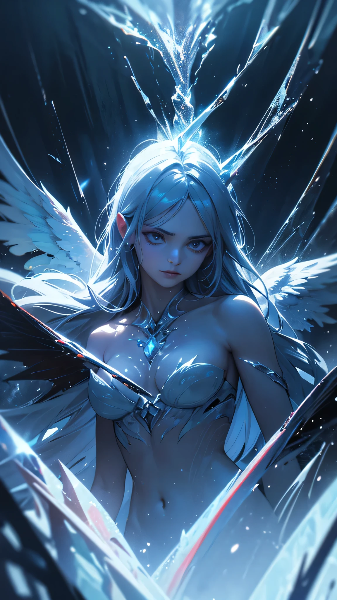A beautiful angel of fire and an icy demon, fantasy, best quality, 8k, ultra-detailed, masterpiece, photorealistic, dramatic lighting, vibrant colors, intricate details, cinematic composition, epic scale, awe-inspiring, chiaroscuro, dramatic contrast, dark and moody atmosphere, ethereal and otherworldly