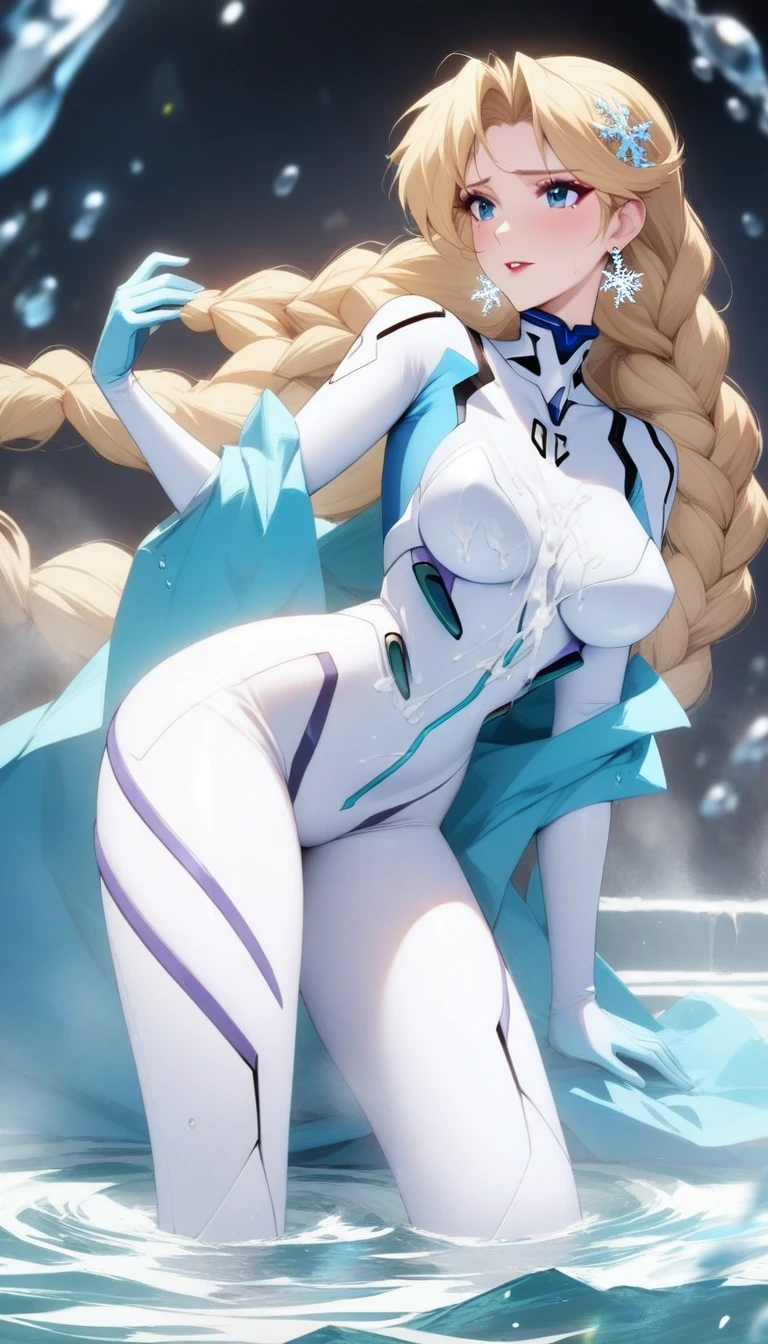 masterpiece, best quality, very aesthetic, absurdres, 1girl, mature_lady,(cum_on_body:1.2),neon genesis evangelion, rebuild of evangelion, white bodysuit,pilot suit,interface headset,turtleneck,,elsa_(frozen), frozen_(disney), 1girl, blonde_hair, blue_eyes, braid, medium_breasts, single_braid, earrings, snowflake_earrings, eyeshadow, makeup, long_hair, very_long_hair,,in hell,floating droplets of water,