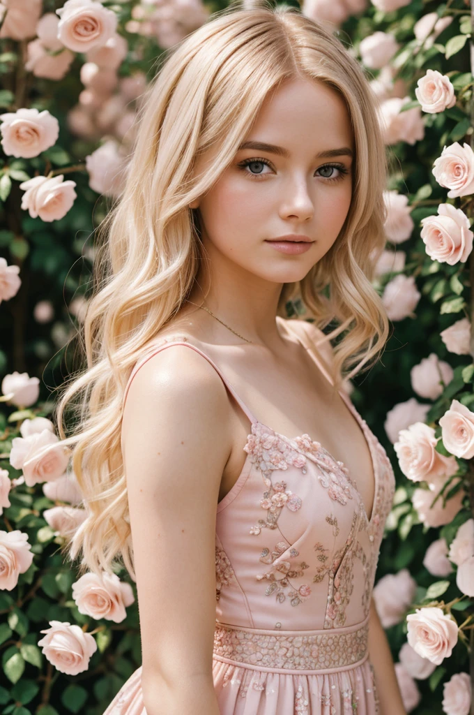 8k, RAW photo, Fujifilm, style photo of a beautiful young woman as avril in a garden of light pink roses (highly detailed skin: 1.2) Style-Petal BREAK short hair, blonde hair with colored locks, wearing a dress, film granulation, 35mm, cute style