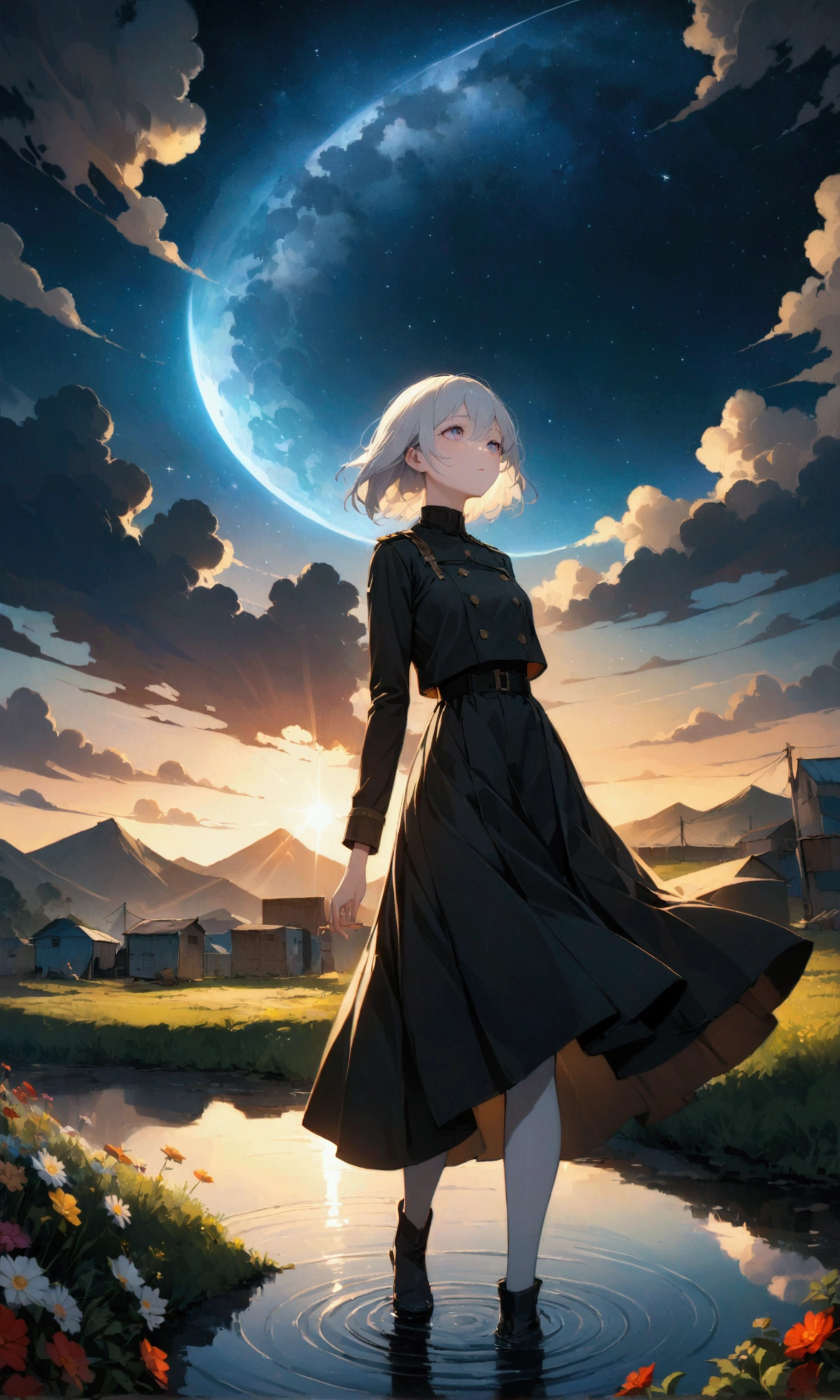 woman\(soldier, Age 25, Short silver hair floating, Space-colored eyes, Black clothes, Pale skin, Tired face、lack of shine in the eyes\) Looking up at the sky, Beautiful night sky, Beautiful Clouds, there are puddles at ground and the landscape is reflecting beautifully, Looking up at the wide sky from the cramped back alleys of the slums, Summer flowers are blooming everywhere, I see the wind blowing and shining, There are stars in the sky,From below, break ,quality\(8k,非常に精細なCGユニットのwallpaper, masterpiece,High resolution,top-quality,top-quality real texture skin,Surreal,Increase the resolution,RAW Photos,最高quality,Very detailed,wallpaper,Cinema Lighting,Ray-tracing,Golden Ratio\),(Long Shot),landscape,