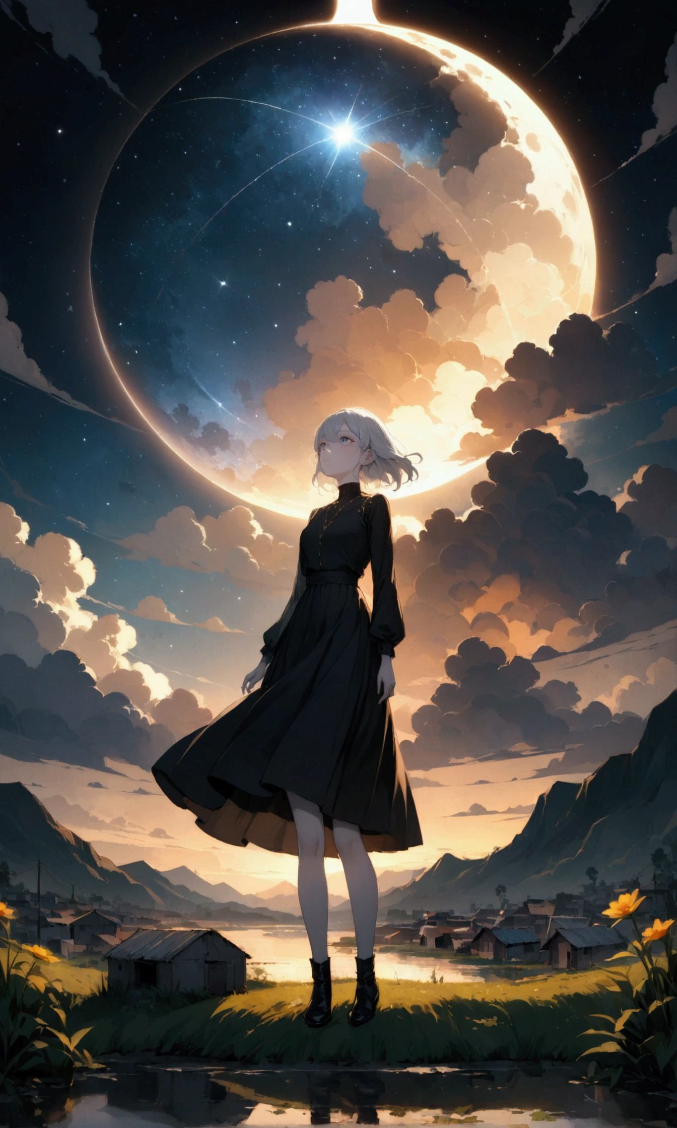 woman\(soldier, Age 25, Short silver hair floating, Space-colored eyes, Black clothes, Pale skin, Tired face、lack of shine in the eyes\) Looking up at the sky, Beautiful night sky, Beautiful Clouds, there are puddles at ground and the landscape is reflecting beautifully, Looking up at the wide sky from the cramped back alleys of the slums, Summer flowers are blooming everywhere, I see the wind blowing and shining, There are stars in the sky,From below, break ,quality\(8k,非常に精細なCGユニットのwallpaper, masterpiece,High resolution,top-quality,top-quality real texture skin,Surreal,Increase the resolution,RAW Photos,最高quality,Very detailed,wallpaper,Cinema Lighting,Ray-tracing,Golden Ratio\),(Long Shot),landscape,