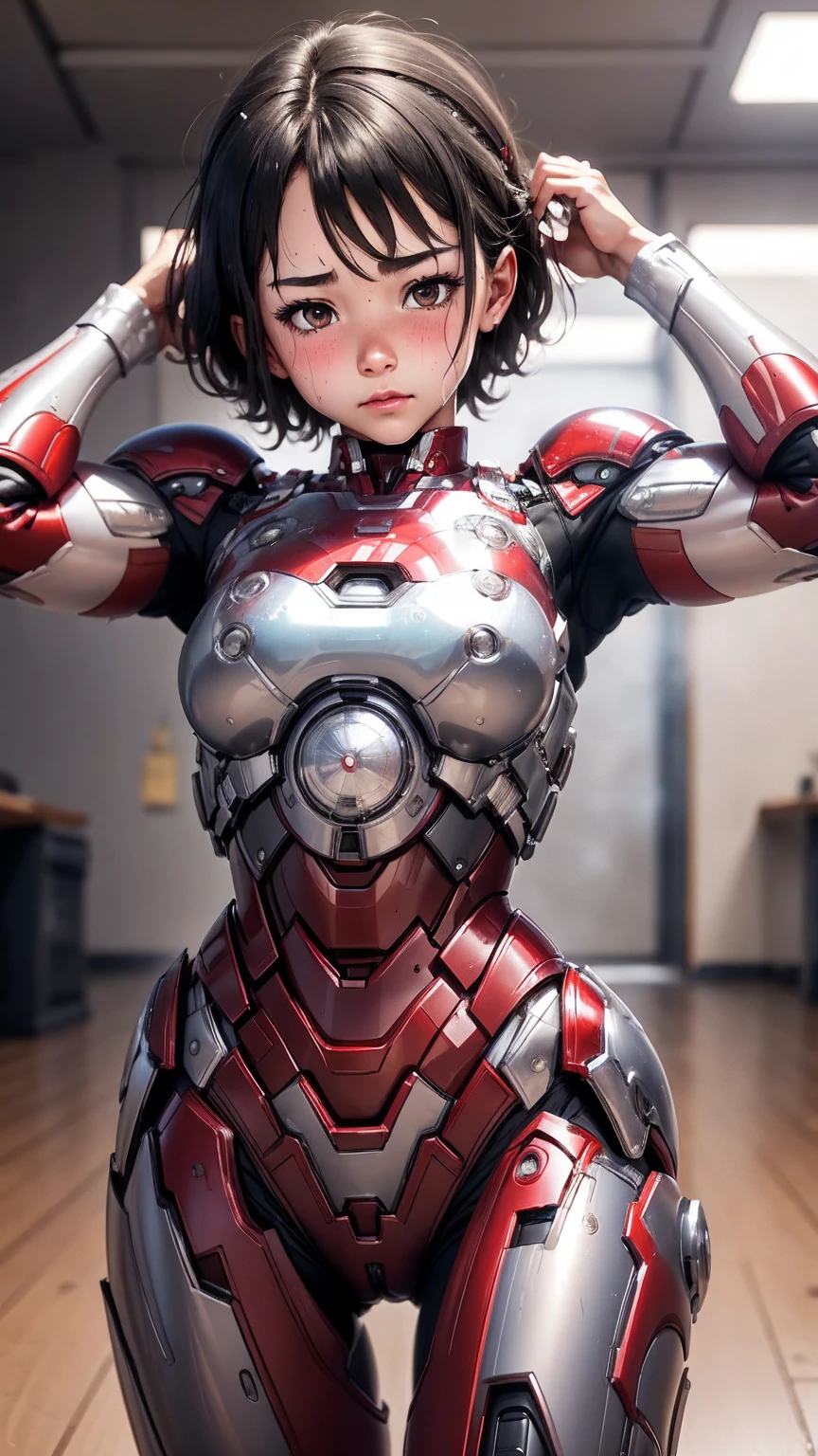 Highest quality　8k Iron Man Suit Girl　Elementary school girl　Sweaty face　cute　short hair　boyish　Steam coming from the head　My hair is wet with sweat　Black Hair