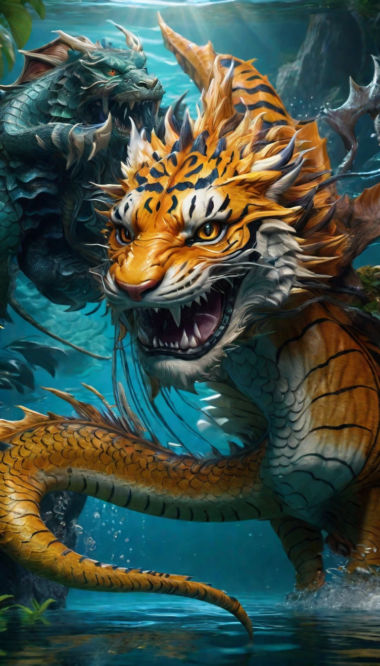 Panorama，A dragon and tiger combination creature in the water(best quality，4K，8k，High level，masterpiece：1.2），Ultra Detailed，（lifelike，Photo real，Photo real：1.37），Highly detailed animals，Complex patterns，Realistic lighting，Fantasy Creatures