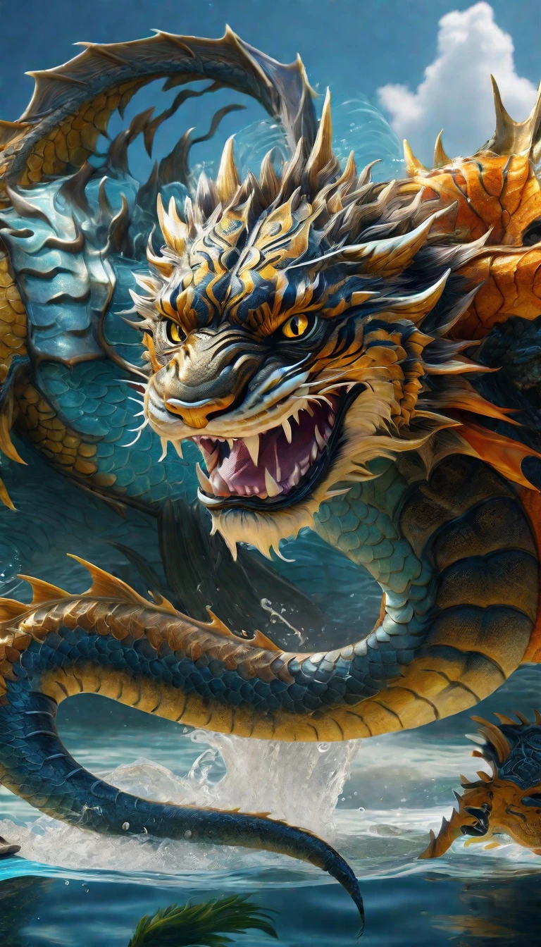 Panorama,A dragon and tiger combination creature in the water(best quality,4K,8k,High level,masterpiece:1.2),Ultra Detailed,(lifelike,Photo real,Photo real:1.37),Highly detailed animals,Complex patterns,Realistic lighting,Fantasy Creatures