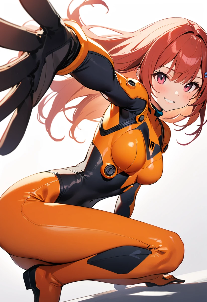 (masterpiece:1.2),Highest quality,Pixiv ,One girl,alone,View your viewers,,smile,White background only,whole body,From the side,One knee,,Look to the side、white background only、Hair Clip, wise_Bodysuits, Pilot Suit, gloves, Plug Suit, 青のBodysuits、No background
