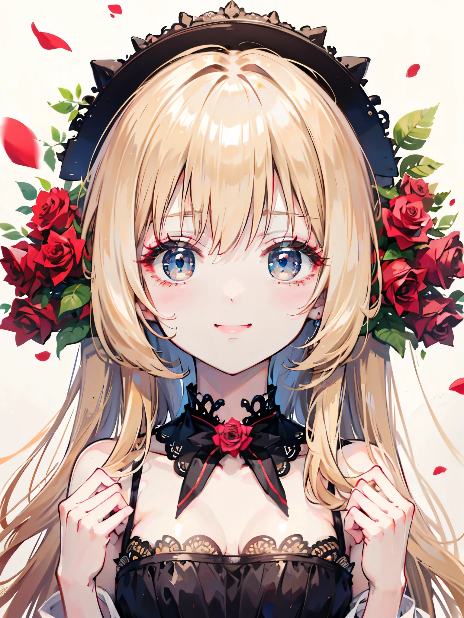Beige hair and beautiful eyes、 long hair、Shiny Hair、high quality、Rose petals fluttering Background、White Background、Rose、smile