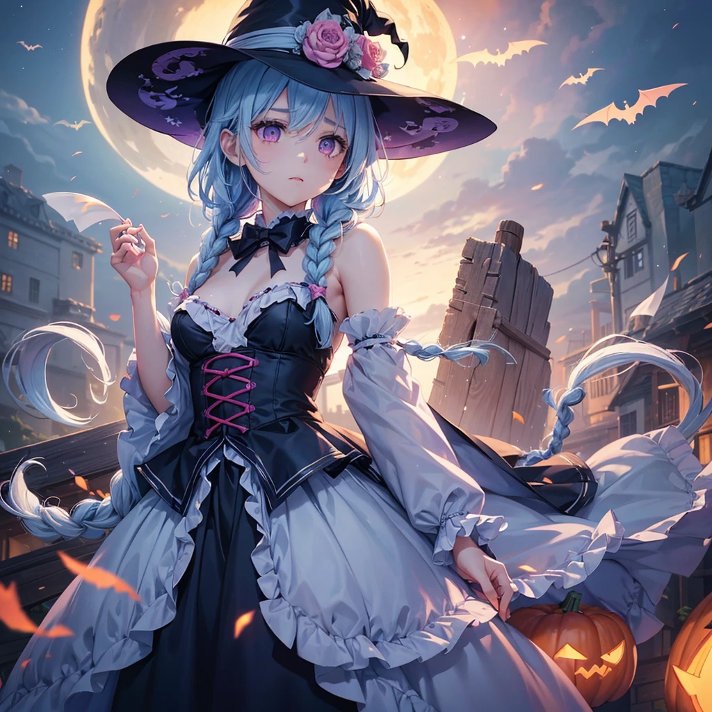 (Light blue medium hair:1.2),(Braided hair:1.2)、Pink eyes、Fair skin、cowboy shot、Halloween、The background is a pumpkin ghost、Crescent Moon、Trick or Treat、A lot of sweets、witch、Halloween night、Candy、many bat、Condescending expression、solo、(masterpiece、Highest quality、Very detailed、Best Shadow)、(Detailed Background)、(Beautifully detailed face)、High contrast、(Best lighting、Very delicate and beautiful)、(Cinematic Light)、colorful、Hyper Detail、Dramatic Light、Exquisite detail、