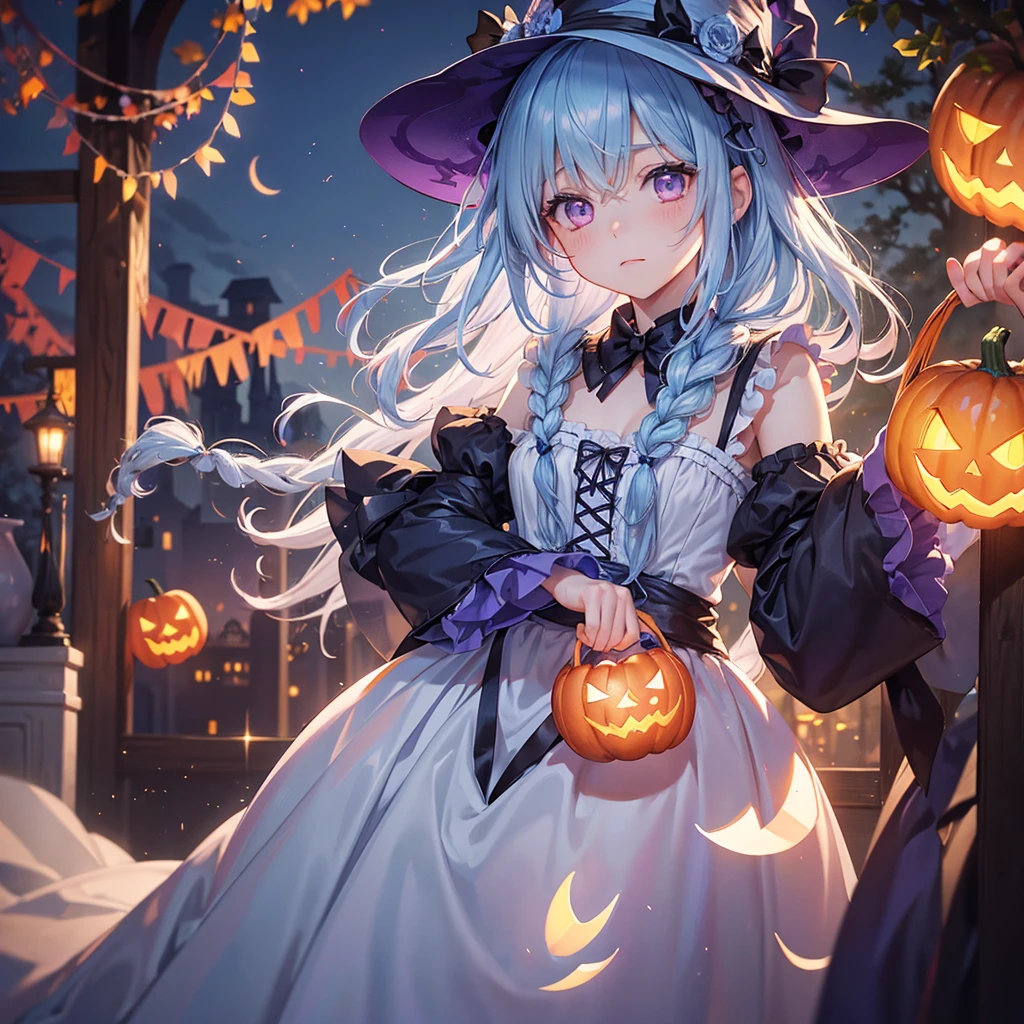 (Light blue medium hair:1.2),(Braided hair:1.2)、Pink eyes、Fair skin、cowboy shot、Halloween、The background is a pumpkin ghost、Crescent Moon、Trick or Treat、A lot of sweets、witch、Halloween night、Candy、many bat、Condescending expression、solo、(masterpiece、Highest quality、Very detailed、Best Shadow)、(Detailed Background)、(Beautifully detailed face)、High contrast、(Best lighting、Very delicate and beautiful)、(Cinematic Light)、colorful、Hyper Detail、Dramatic Light、Exquisite detail、