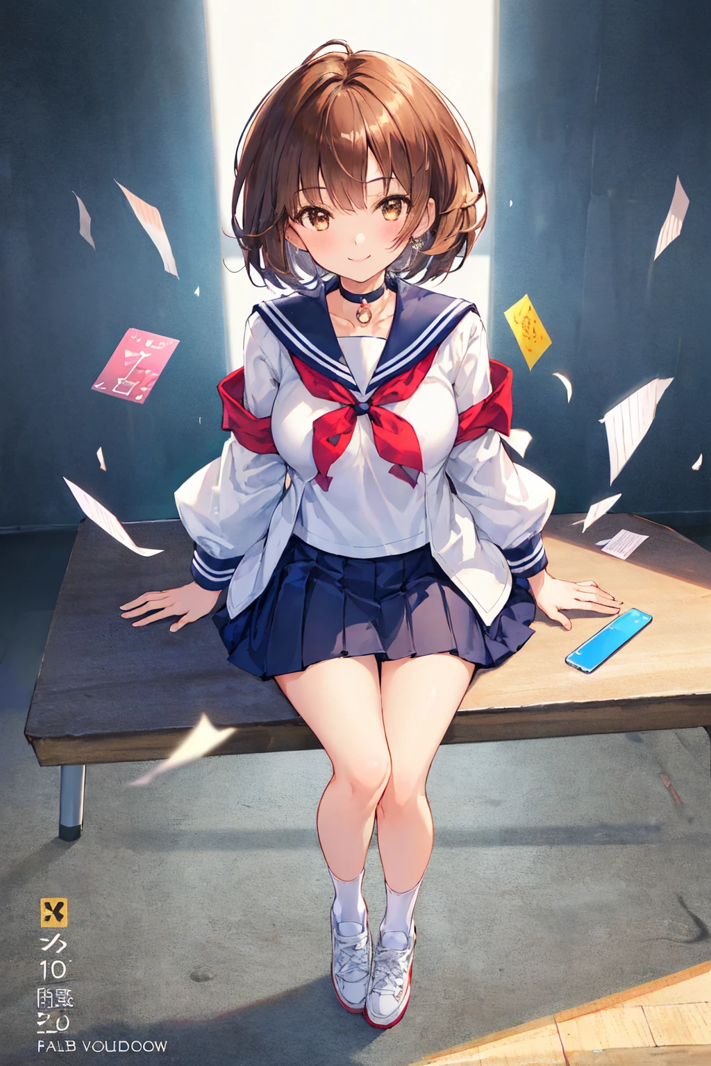 (Tabletop: 1.3),(Highest quality:1.4),Ultra-high resolution,(Detailed eyes),(Detailed facial features),(Detailed clothing features),Hmph,8k resolution, Ground Focus, bangs, Firm Skin , (Light Skin), (Slender girl),dream, (Highly detailed illustration),Check the reviews,Request a review,scenario,No text,Virtual Girl Lynn,Happy,smile,(Small breasts,Bob Hair, short hair, Brown Hair , Brown eyes, Black choker, One Girl, student, high school, white , Sailor suit, Dark red pleated skirt, socks, sneakers,Small breasts