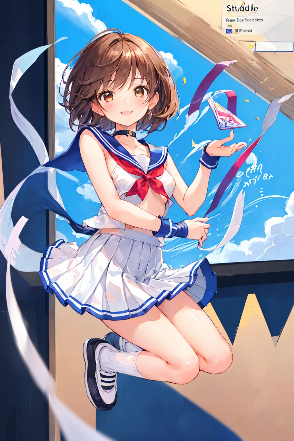 (Tabletop: 1.3),(Highest quality:1.4),Ultra-high resolution,(Detailed eyes),(Detailed facial features),(Detailed clothing features),Hmph,8k resolution, Ground Focus, bangs, Firm Skin , (Light Skin), (Slender girl),dream, (Highly detailed illustration),Check the reviews,Request a review,scenario,No text,Virtual Girl Lynn,Happy,smile,(Small breasts,Bob Hair, short hair, Brown Hair , Brown eyes, Black choker, One Girl, student, high school, white , Sailor suit, Dark red pleated skirt, socks, sneakers,Small breasts