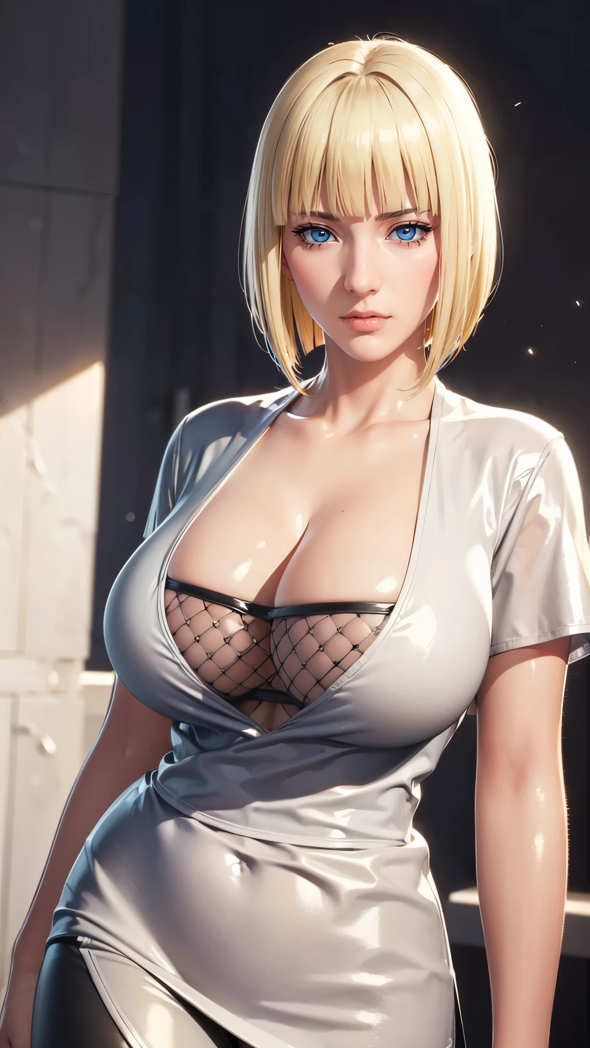 (（（Perfect body,White and tender skin,（（（BLACK KIMONO, CLEAVAGE, VAMBRACES,）））,（（（Samui, Blue eyes, blonde hair, short hair, bangs, blunt bangs,）））,((masterpiece)),high resolution, ((Best quality at best)),masterpiece,quality,Best quality,（（（ Exquisite facial features,Looking at the audience,There is light in the eyes,Poker face）））,Look up at the sky，From below）））,（（（Light and shadow,Huge breasts，Plump buttocks）））,（（（Looking at the camera,black background,)））),