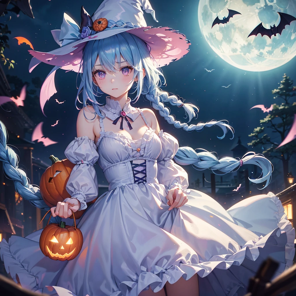 (Light blue medium hair:1.2),(Braided hair:1.2)、Pink eyes、Fair skin、cowboy shot、Halloween、The background is a pumpkin ghost、Crescent Moon、Trick or Treat、A lot of sweets、witch、Halloween night、Candy、many bat、Condescending expression、solo、(masterpiece、Highest quality、Very detailed、Best Shadow)、(Detailed Background)、(Beautifully detailed face)、High contrast、(Best lighting、Very delicate and beautiful)、(Cinematic Light)、colorful、Hyper Detail、Dramatic Light、Exquisite detail、