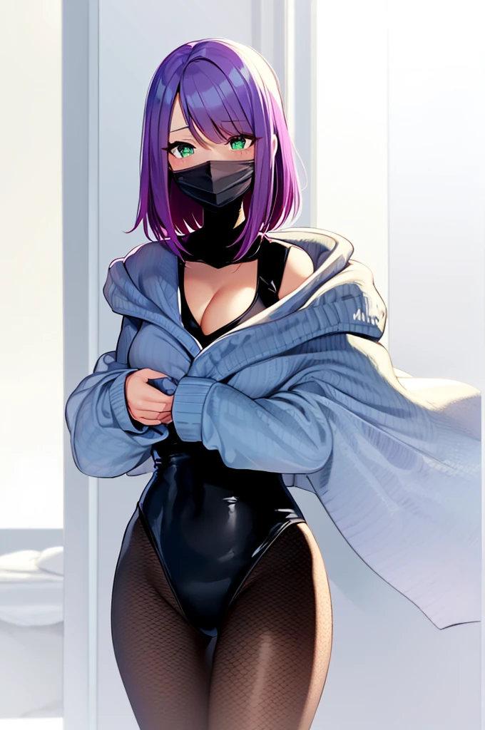 Anime, anime girl, aqua blue hair, purple hair tips, short hair, bangs, green eyes, blushing eyes, half mask, covered mouth, black One Piece, leotard, tights, breasts, big breasts, huge breasts, black panties, beautiful eyes, masterpiece, 4k, high quality, high resolution, hands behind back, long legs, thick thighs, jacket falling off, shoulder, collarbone, cleavage, large breasts, sky background, sky scene, skyline