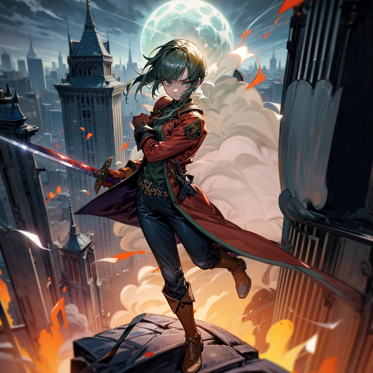 1girl, Full body version, 1character, green eyes, short haircut, (green color hair), soldier style clothing, red colour clothing, jacket, jeans, belt, boots, gloves, Grassroots, background On the roof of a city building, motion blur, (detective conan style art), sword in hand, fire effect on sword, lighting effect on sword, fire effect, smoke effect, aura effect, Moonlight, bloody background, blood on face, blood on shirt, blood on sword 