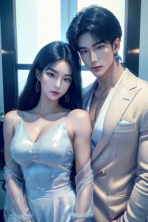 (8k masterpieces,crystal clear skin, best quality,Higher quality ,girl, intricate details, chromatic aberration), 9no aberrations0(realistic),(skin), ((breath)),detailed hair,blue highlights, ambere eyes, earrings, sharp eyes,((symmetry eyes)),((perfect symmetrical body))handsome males,muscle,((absurdres, highres, ultra detailed)handsome, tall quite muscular Anime young man Korean man full body figure A 80s Korean power business couple male and female almost 80s korean modellike for both males females cute attractive good looking handsome