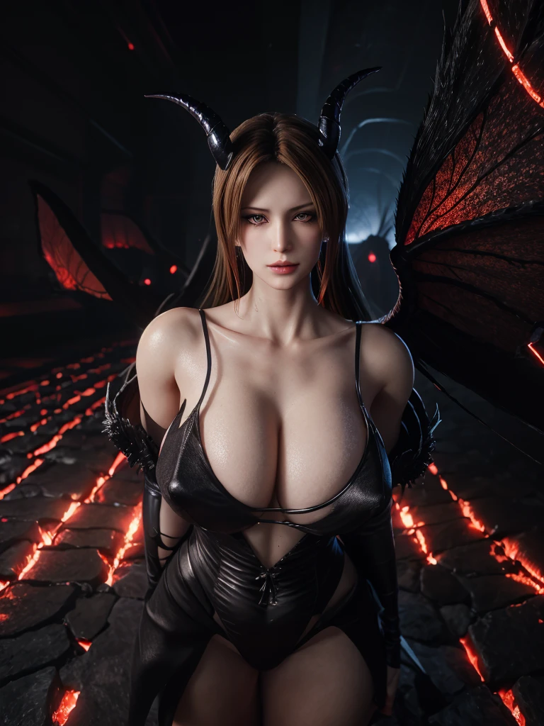 Stormy Daniels ultra-detailed: The Empress of Darkness, Background to the destruction of hell, diabolique, insidieux, invincible, couronne sombre, Evil queen, Robe noire et rouge, demon wings dans le dos, Demon horn, Realistic detailed brown eyes, Shaded illustration of a high-quality cell in hell, corps entier, pose dynamique, anatomie parfaite, centered, , soul, Approche de la perfection, Ombrage de cellule, 8k , Cinematic dramatic atmosphere, Illumination globale, detailed and intricate environment, ArtStation, Art conceptuel, mise au point fluide et nette, volumeric lighting, lighting cinematic