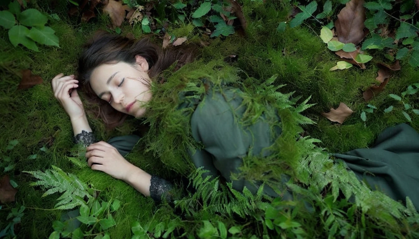 Sleeping in a forest full of grass and leaves, Realistic photos, Professional photos 