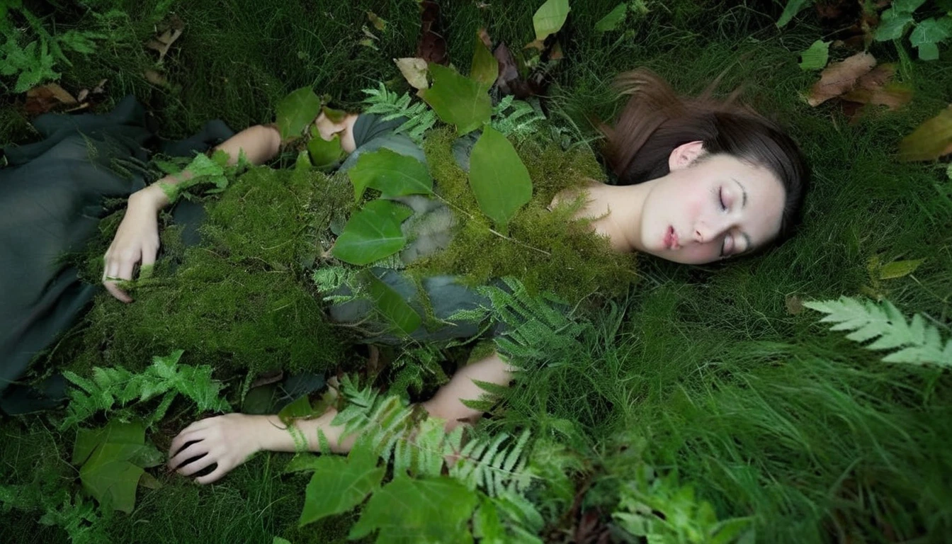 Sleeping in a forest full of grass and leaves, Realistic photos, Professional photos 