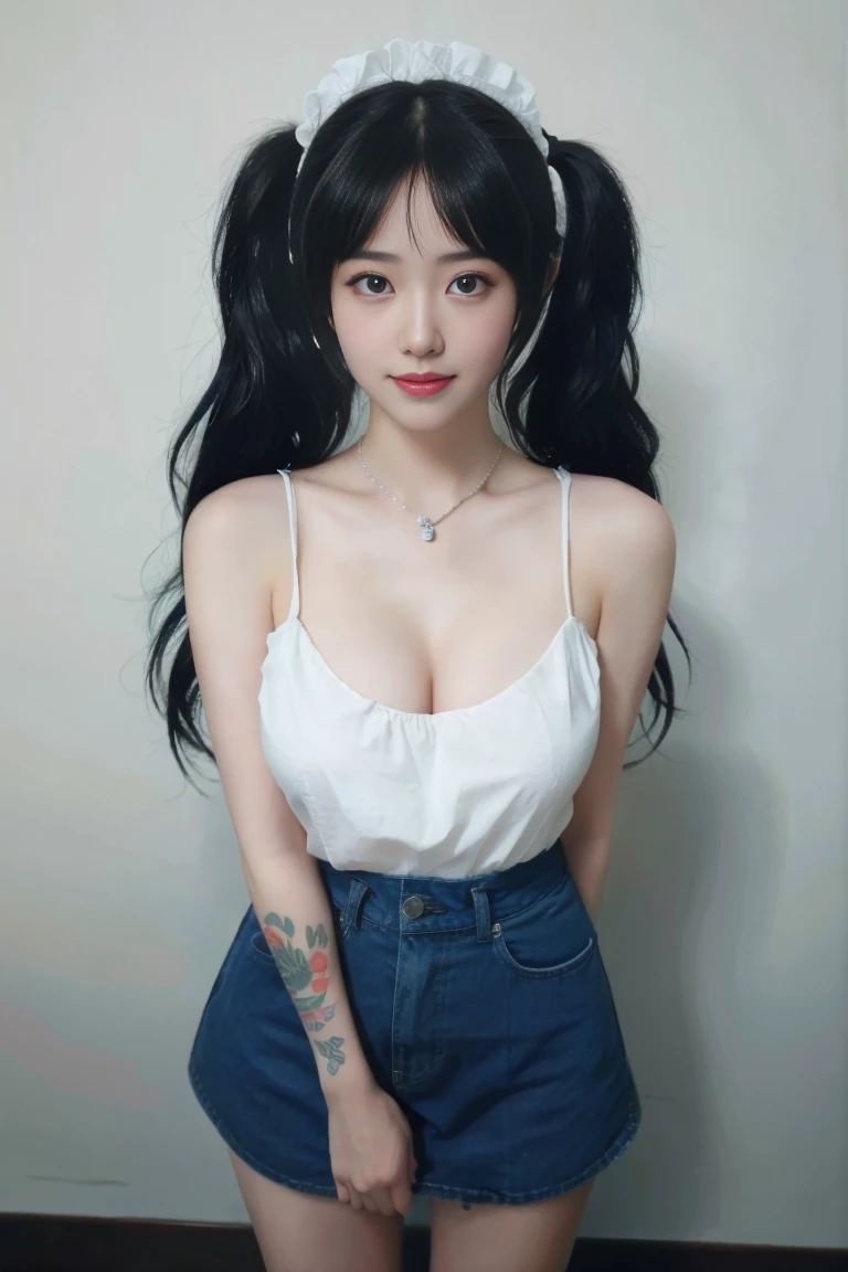 ulzzang-6500-v1.1,(raw photo:1.2),((photorealistic:1.30)), ((best quality)) ,((masterpiece)),((Ultra High Resolution)), ((Clear View)),,Ultra-high resolution,Clear face,(Reality:1.4) , illustration, an extremely delicate and beautiful, extremely detailed ,CG ,unity ,8k wallpaper, Amazing, finely detail, masterpiece,best quality,official art,extremely detailed CG unity 8k wallpaper,absurdres, incredibly absurdres, huge filesize, ultra-detailed, highres, extremely detailed,beautiful detailed girl, extremely detailed eyes and face, beautiful detailed eyes,light on face,cinematic lighting,1girl, 独奏, long hair, (twintails:1.5),brown hair,bare shoulders, jewelry, collarbone, earrings,smile, necklace, apron, (full body), standing, (Tattoos), (Tattoos on the body), (super Giant breasts:1.3), (shagging breasts:1.3),