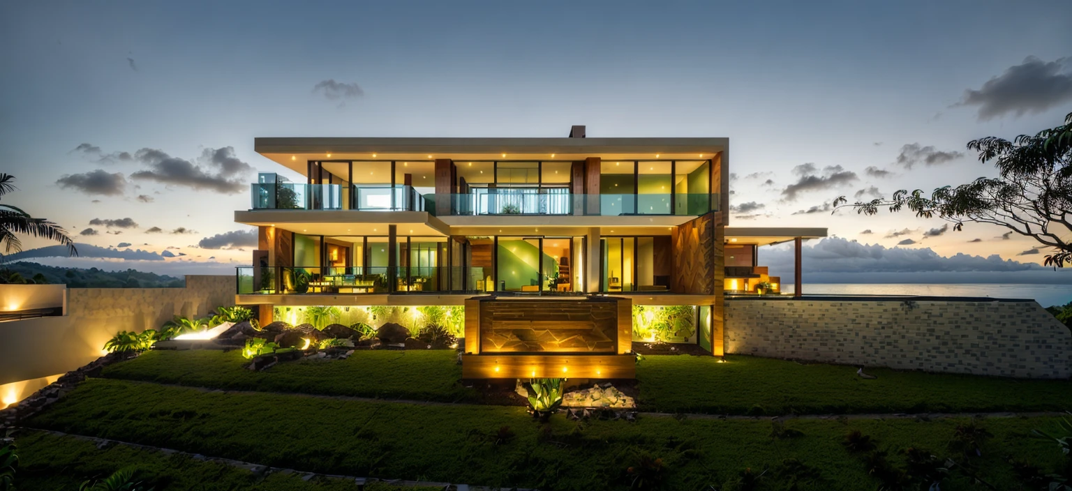 exterior contemporary villa, ((half way up the tropical hill)), cladding stone mix with nature wood material, glass rail, glass door, plants on balcony, glass window, nice landscape with tropical trees and plants, green grass, best quality, high quality, master piece, realistic photo, front swimming pool,