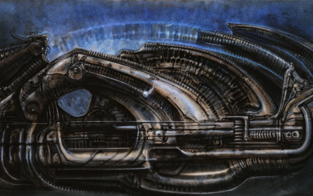 g1g3r, The image is a detailed view of H.R. Giger's biomechanical tableau \" LANDSCAPE No 312 \" plate, featuring
a complex, intricate, and detailed design of endless Machine in the transit space over the cascade of fallen water, that appears to be a fusion of organic and mechanical elements, with a focus on the interplay between the two.The piece is a tableau, most likely created with a India ink pen or pencil on paper, determined by the thin lines, shading techniques, and the texture of the paper, which is visible around the edges.
Used is pen, given the shading and variations in line weight visible in the image. Artist have used a variety of stylus with different degrees of hardness to achieve the shading effects.
The use of undersaturated green-grays dark contrasts creates a stark and graphic look. Is used a variety of linework techniques to create different textures. Fine, parallel lines create a smooth, metallic texture,while thicker, more cursive lines suggest cables or wires.
Light source from the top highlights skeletals, pper part of foreground, lower part of image is in shadowupper part of foreground, lower part of image is in shadow.
The art performance showcases the artist’s skills in observation and rendering. The level of detail in the piece suggests a close study of real bone specimens and mechanics. The artist has skillfully used shading techniques to create a convincing illusion of three-dimensionality on a flat surface. The wrinkles and cracks in the surface, and the cast shadows with accuracy, used shading techniques to create a realistic depiction of light and shadow on the objects. This creates a sense of depth and dimension in the image. The artist has used careful linework to depict the contours and textures in the piece
Sharp focus on foreground elements illustration. Deep and delicate DOF. Big painting. Stored in Louvre masterpiece, ooze soaked pajama top