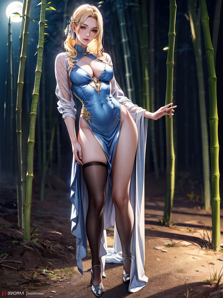 unparalleled masterpiece, ultra realistic 8k CG,masterpiece,pov,(delicate photograph,ultra_detailed,16k,raw photo:1.3),(realistic:1.9,photorealistic:1.9), beautiful detailed eyes,1 girl standing,solo,(full body:1.5),blonde wavy hair, slender body, precious hair ornament, e-cup chests,chinese_dress,zettai_ryoiki,night,moonlight,starlight,beautiful_sky,bamboo_forests,firefly,full_body,