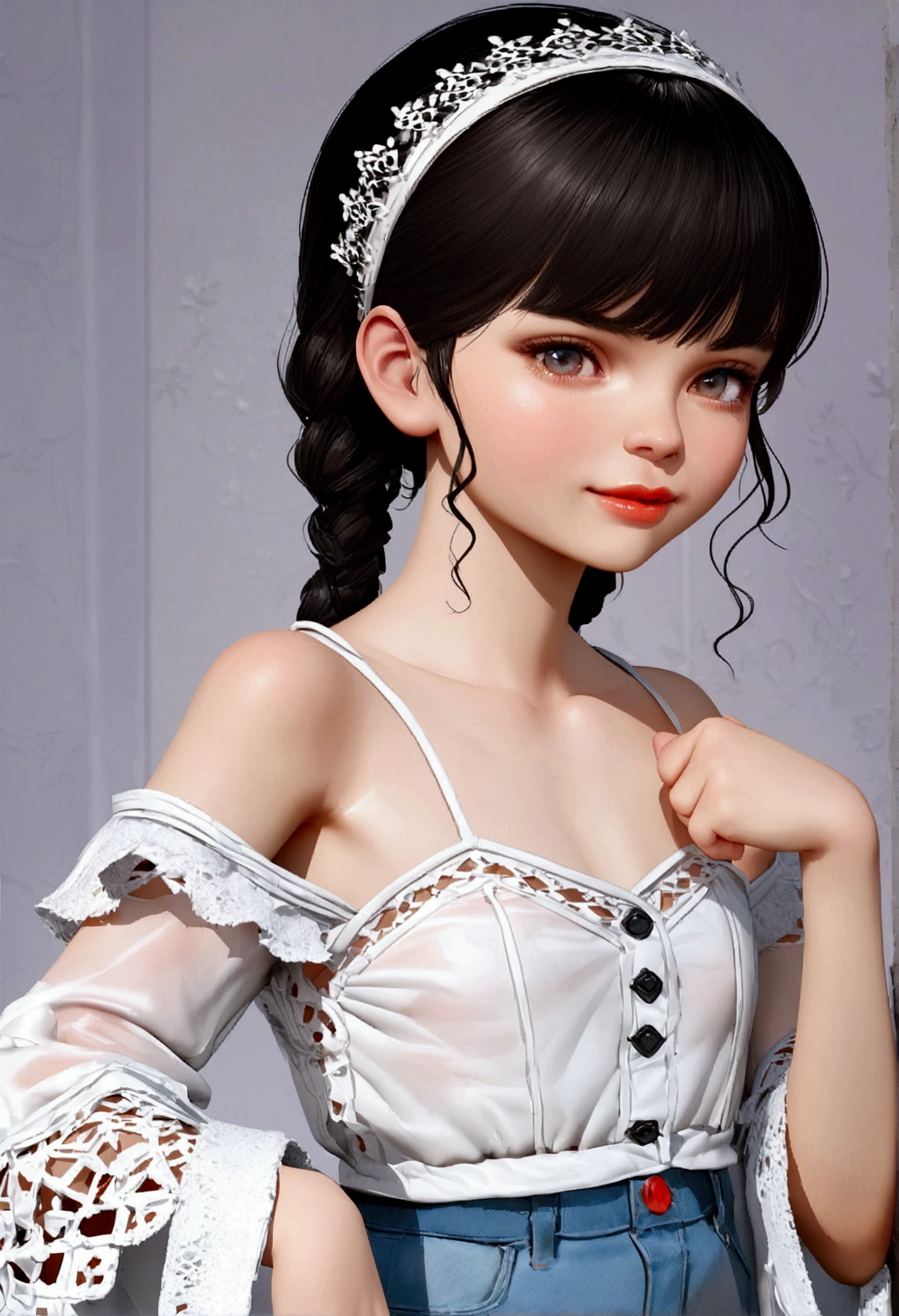 Dizet is a 3D realistic caricature of a sweet 10 year old girl, straight wavy black hair, wearing casual 80s clothes, worn jeans. Dizet with her friends in the park.