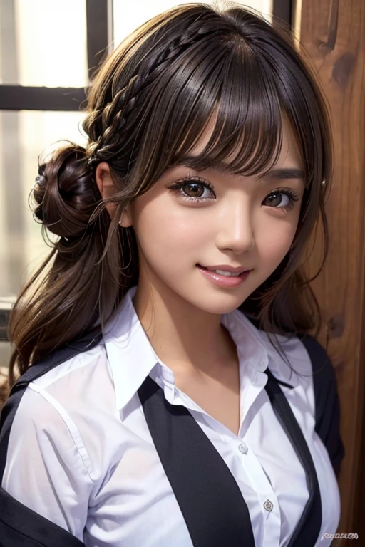 one girl, (((smile)))、uniform、Beautiful breasts、 Brown eyes, ((Gal Hairstyles)) Black Hair, girl, (Eye and facial details:1.0), break, (masterpiece, Highest quality, Very detailed, Detailed face, 8k)