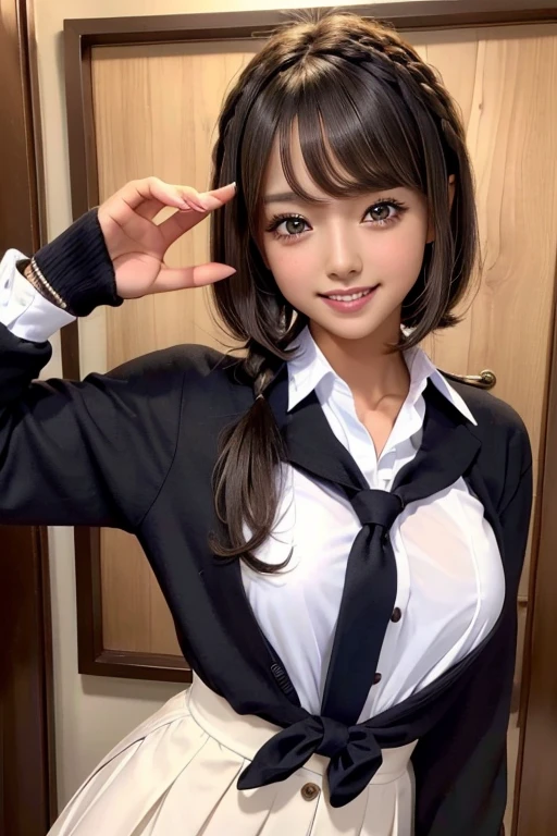 one girl, (((smile)))、uniform、Beautiful breasts、 Brown eyes, ((Gal Hairstyles)) Black Hair, girl, (Eye and facial details:1.0), break, (masterpiece, Highest quality, Very detailed, Detailed face, 8k)