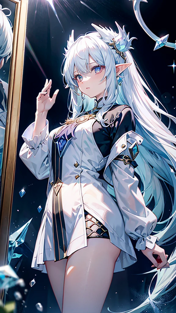 girl，Diamond Dragon Horn，Crystalline hair，Hands made of opal，Mirror-like windbreaker，Milky white dragon tail，madman，Crystal Dragon，Elf ears，Sanhua，alchemy，Sea Monster，Holy See