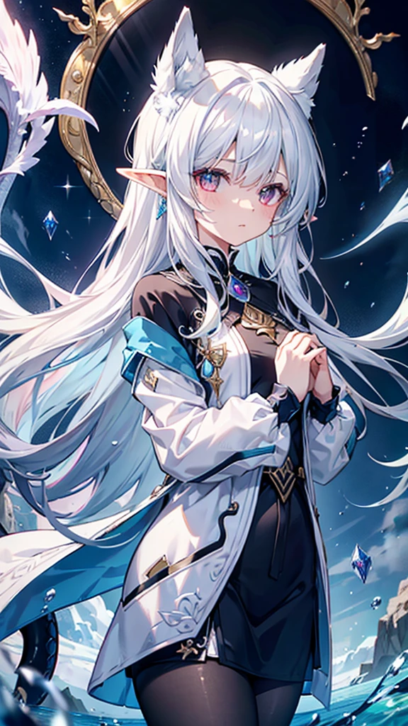 girl,Diamond Dragon Horn,Crystalline hair,Hands made of opal,Mirror-like windbreaker,Milky white dragon tail,madman,Crystal Dragon,Elf ears,Sanhua,alchemy,Sea Monster,Holy See