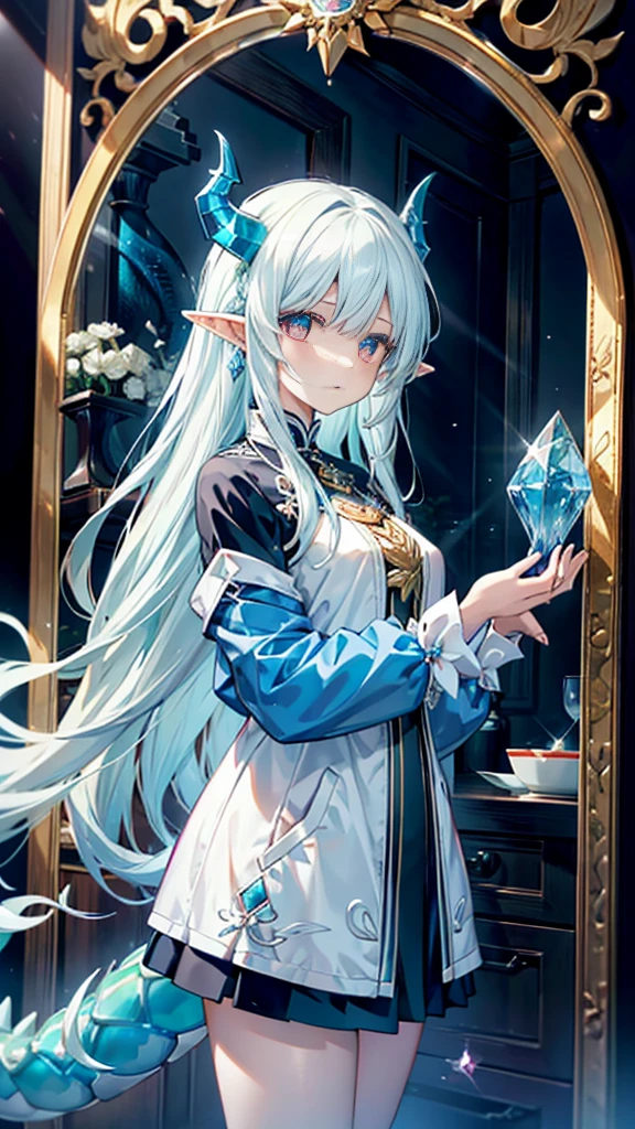 girl，Diamond Dragon Horn，Crystalline hair，Hands made of opal，Mirror-like windbreaker，Milky white dragon tail，madman，Crystal Dragon，Elf ears，Sanhua，alchemy，Sea Monster，Holy See