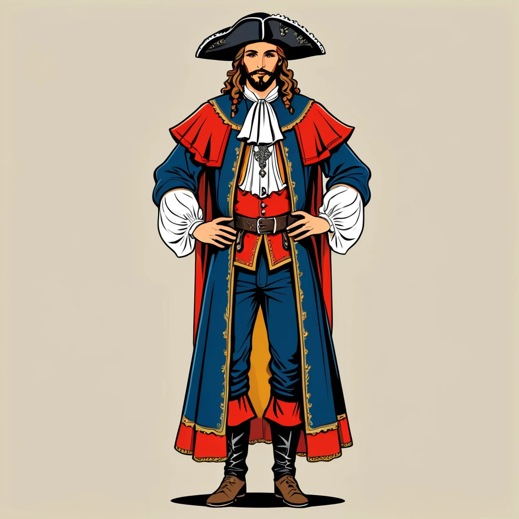 warlock in french folk outfit, vector graphics, strong contours