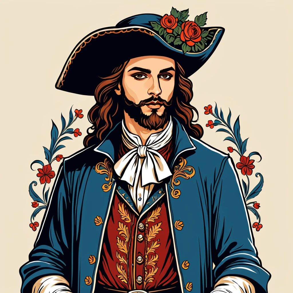 warlock in french folk outfit, vector graphics, strong contours
