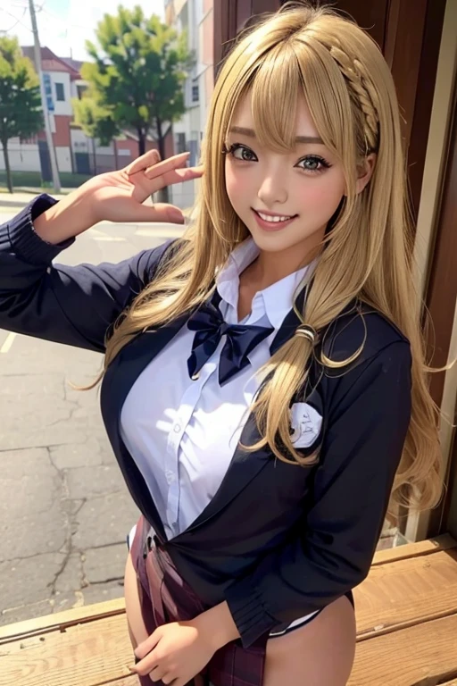 one girl, (((smile)))、uniform、Beautiful breasts、 Brown eyes, ((Gal Hairstyles)) blonde, girl, (Eye and facial details:1.0), break, (masterpiece, Highest quality, Very detailed, Detailed face, 8k)