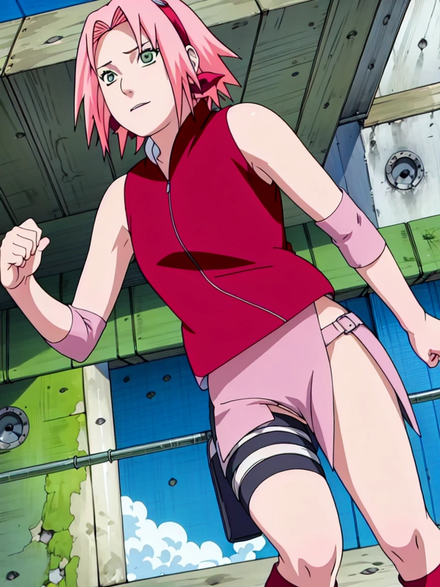 Sakura Haruno nude,wide hips,abdomen,sexy ,Show your armpits,jump,On the tree,IPST, naked,Torn shirt,blushing,sexually aroused, In the forest,open shirt,nipple,pink nipples,full body
