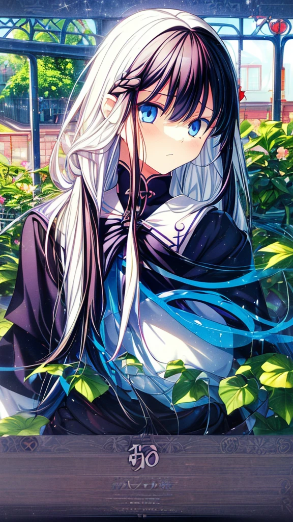 best quality, extremely detailed,anime style girl,long hair down to the waist, straight hair, ((dark black hair with bluish)),braid,beautiful detailed eyes, pinched eyes, (dark blue eyes),huge breasts,curvy,((((white main princess school uniform)))),clothing with complex patterns,cool expression,((((school garden)))),((Diagonal angle)),dynamic angle