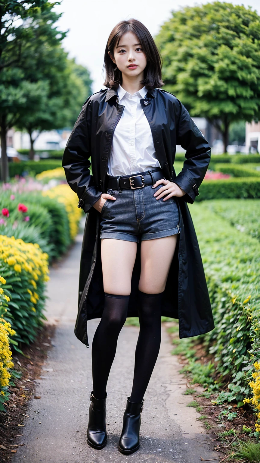 (8k、RAW Photos、Highest quality、masterpiece:1.2)、(Realistic、Realistic)、1 Girl、((coat、Black shorts、Shortcuts、Check shirt、Thin legs、boots、tights、garden、View from the front、Looking at the camera、belt、Hands on your hips))、cute
