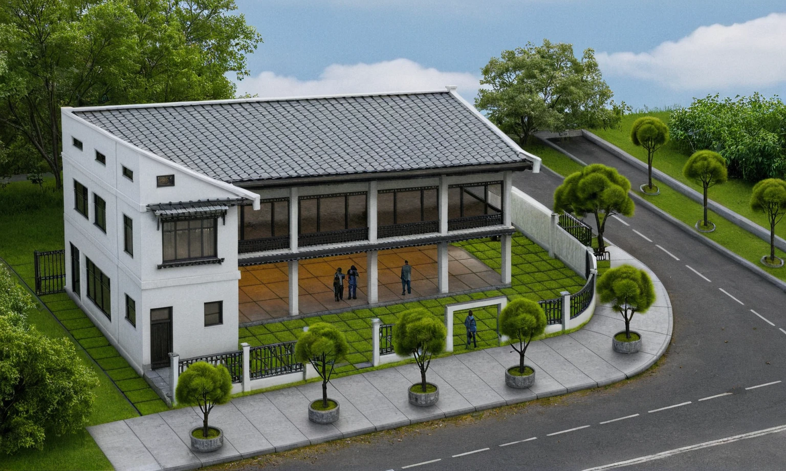 Raw photo,Masterpiece, high quality, best quality, authentic, super detail,
exterior, outdoors, house style indochine on the street ,aiaigroup
road,pavement, grass, trees, sky, cloud, (day:1.1)Raw photo,Masterpiece, high quality, best quality, authentic, super detail, exterior, outdoors, house style indochine on the street ,aiaigroup road,pavement, grass, trees, sky, cloud, (day:1.1), house at intersection corner, green trees, overhead shot, tiled roof, street