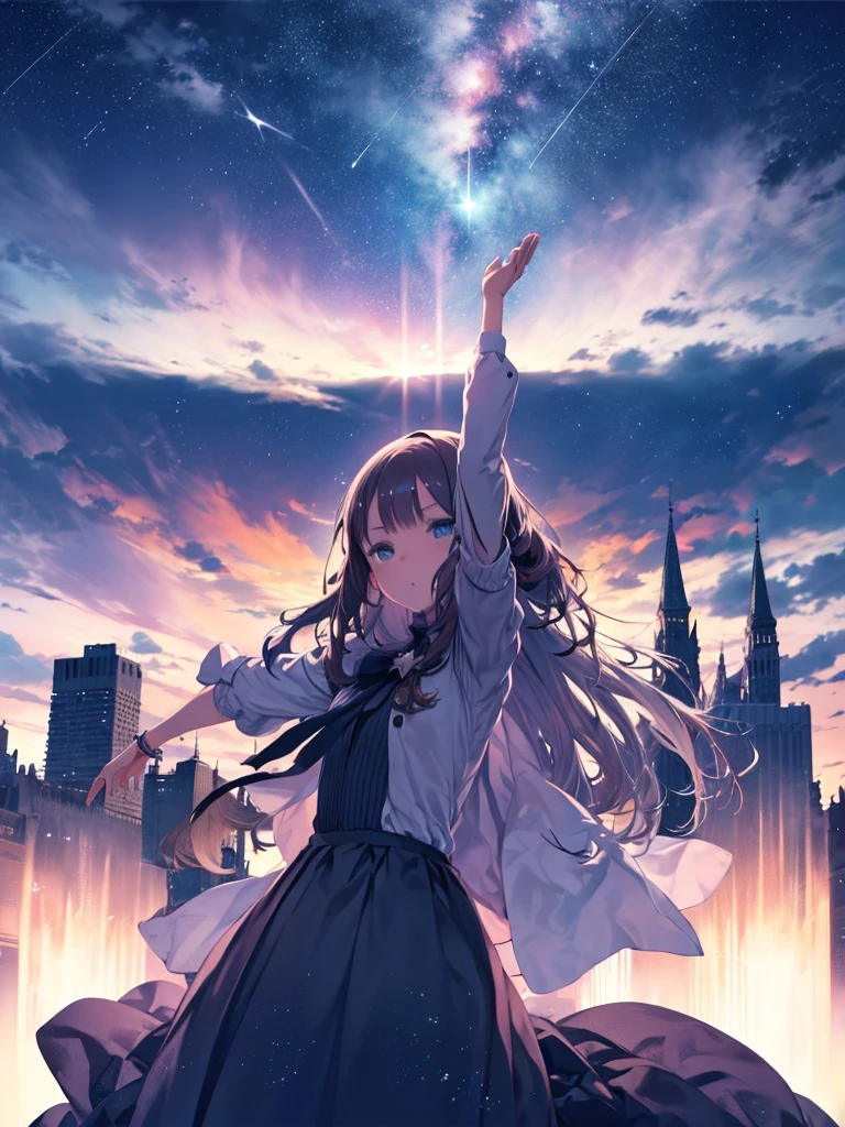 Absurd, High resolution, (Official Art, beautifully、aesthetic:1.2), close, A girl raising her arms from below, Bright Sky, A vast world, stare, Awe-inspiring expressions, Distant Horizon, cloud, High Hill, Natural Beauty, Inspiration, Night Sky, Shining Star, Upstyle