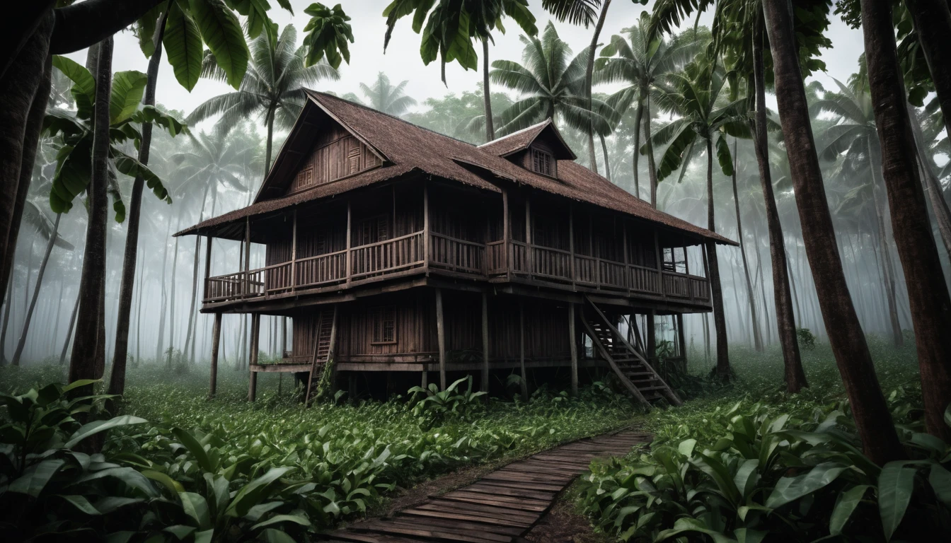 Scary horror image. From a wooden house, surrounded by vast cocoa trees. , PICTURE REALISTIC, high resolution, 8k