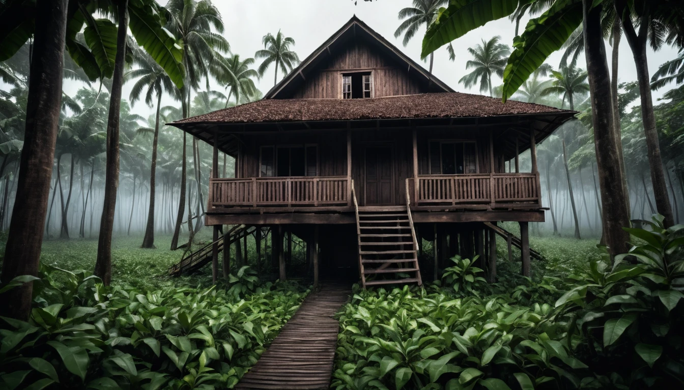 Scary horror image. From a wooden house, surrounded by vast cocoa trees. , PICTURE REALISTIC, high resolution, 8k 