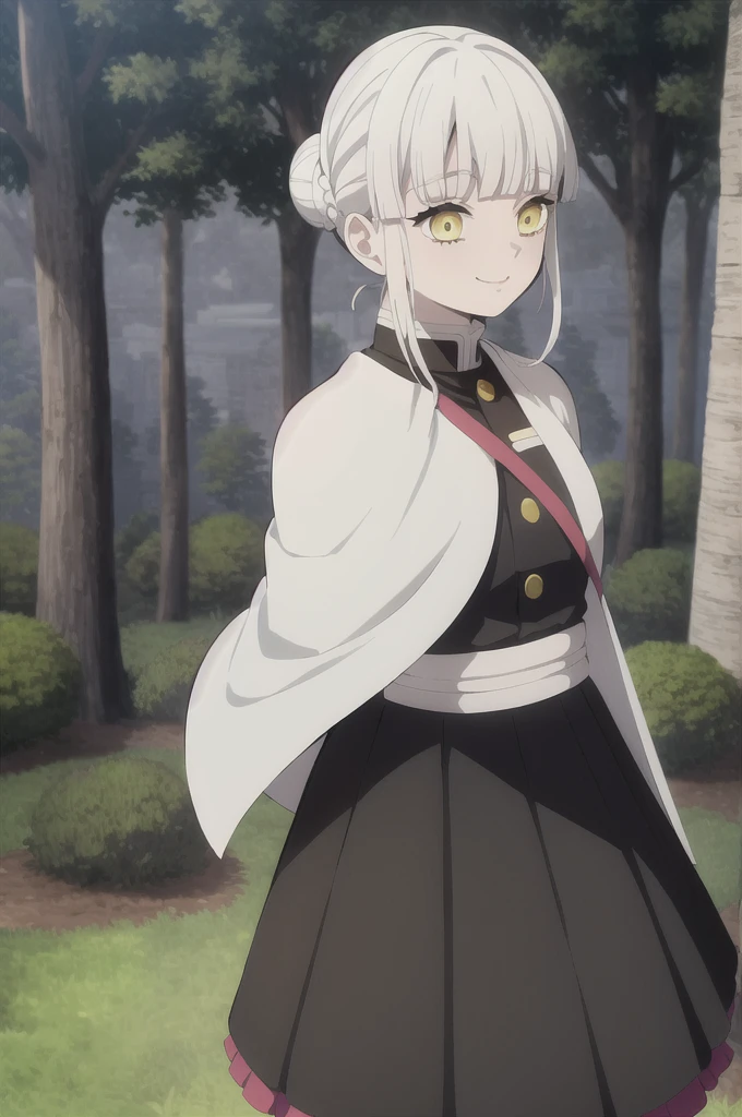 kimetsu no yaiba style, 1girl, white hair in a high bun, demon slayer uniform, solo, yellow eyes, holding a katana ,white hair, all black cape, all black haori, outdoors, bangs, tree,, anime coloring,  ((masterpiece)) , day background , beautiful girl, cute, solo , smiling face , blows a kiss ,  flying kiss ,((high quality)) 