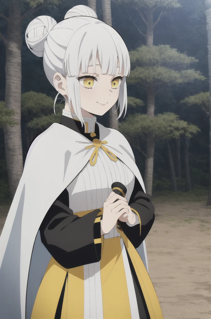 kimetsu no yaiba style, 1girl, white hair in a high bun, demon slayer uniform, solo, yellow eyes, holding a katana ,white hair, all black cape, all black haori, outdoors, bangs, tree,, anime coloring, ((masterpiece)) , day background , beautiful girl, cute, solo , smiling face , blows a kiss , flying kiss ,((high quality))