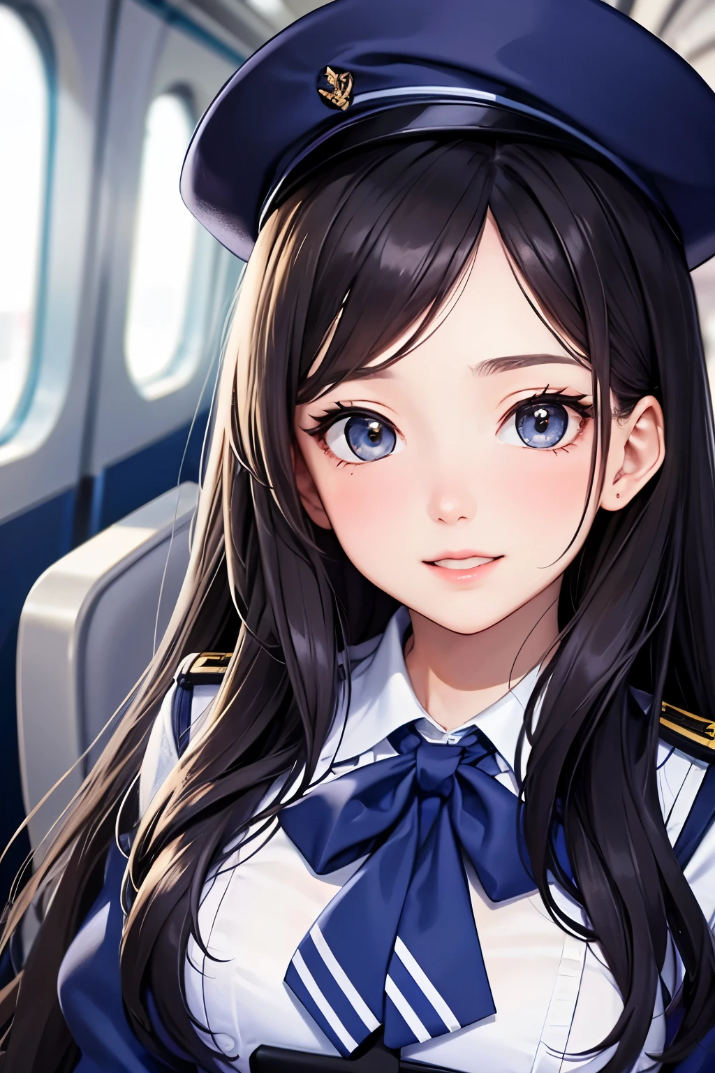 Create an illustration of a cabin attendant with long hair, big eyes, and a friendly smile. The attendant is wearing a navy blue uniform with white accents, including a white blouse and a bow tie. The uniform has gold buttons and the attendant is wearing a matching navy blue cap with gold detailing. The background should be the interior of an airplane cabin, with visible seats, windows, and overhead compartments, suggesting the attendant is in their work environment.